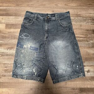 Vintage Focus Jeans Size 36 Embroidered Denim Shorts Hip-Hop Baggy Skate